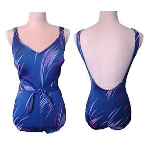 Vntg 60s USA Rose Marie Reid Blue Purple One Piece Swimsuit Plussize 14